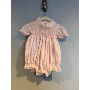 Vintage Friedmant Pink Smocked Baby Romper Size 3 Lace Trim Floral Embroidery